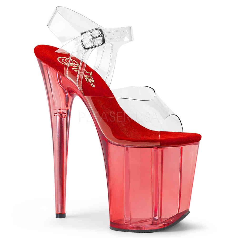 Pleaser - FLAMINGO808T Sandale à bride à la cheville, Pole dance chaussures - Chaussures de pole dance - Rouge/Transparent Product image